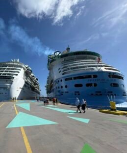 Travelers walking along dock between cruise ships including Freedom of the Seas
