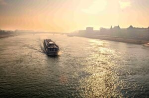 River Cruise Ship at sunset